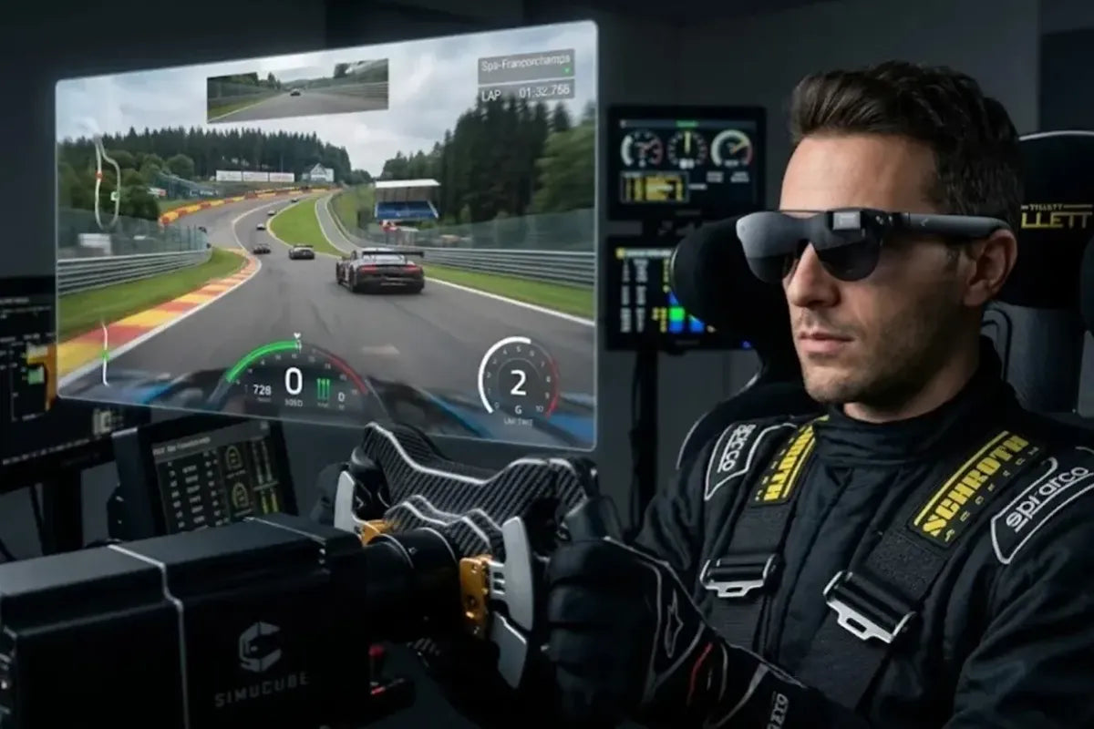 A gamer wearing AR glasses in a racing simulator cockpit.