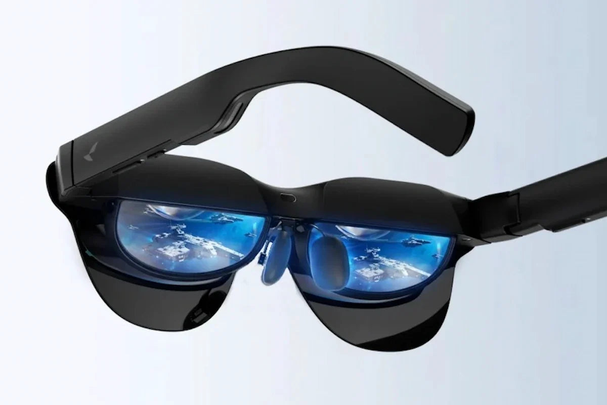 RayNeo display glasses with a cinematic image visible in the lenses.