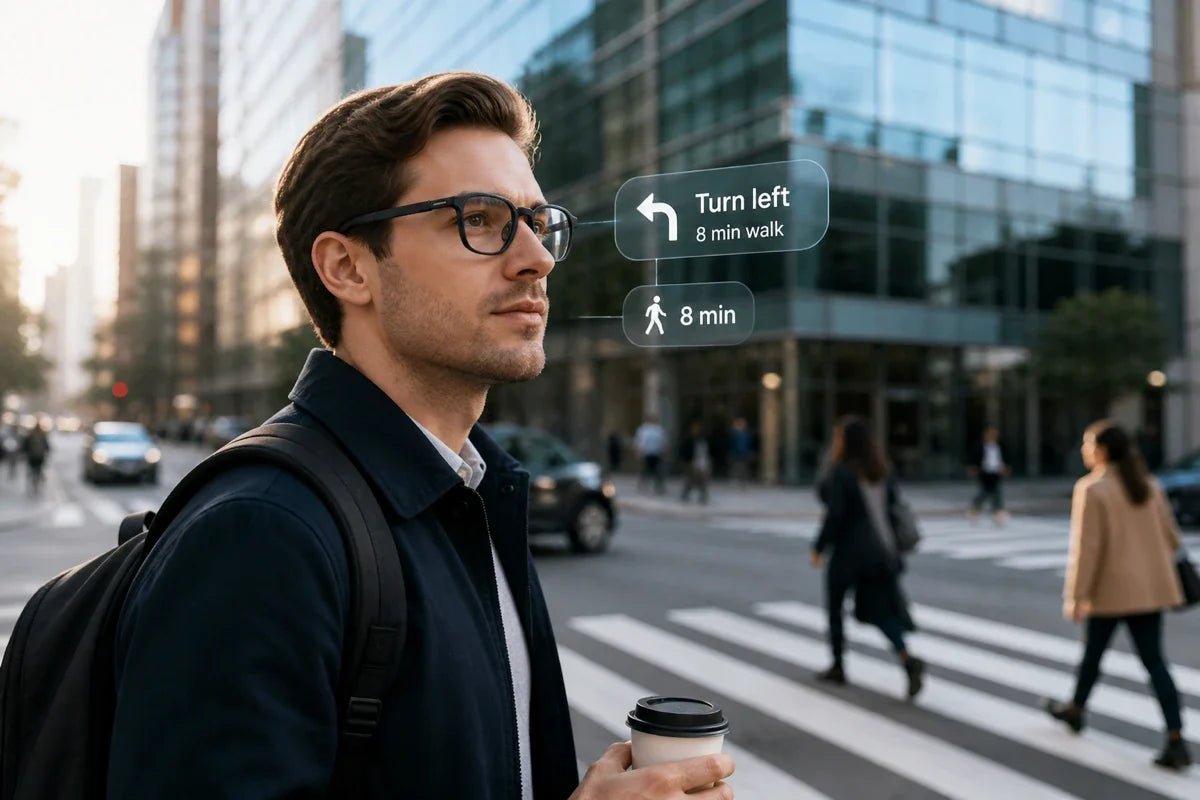 A person wearing smart glasses while walking through a city.