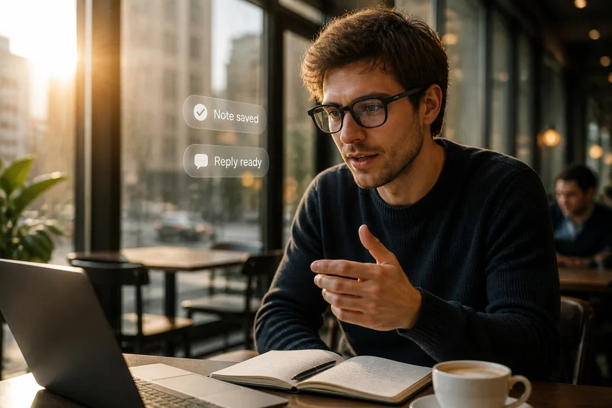 A person wearing AI glasses while working at a desk with a laptop.