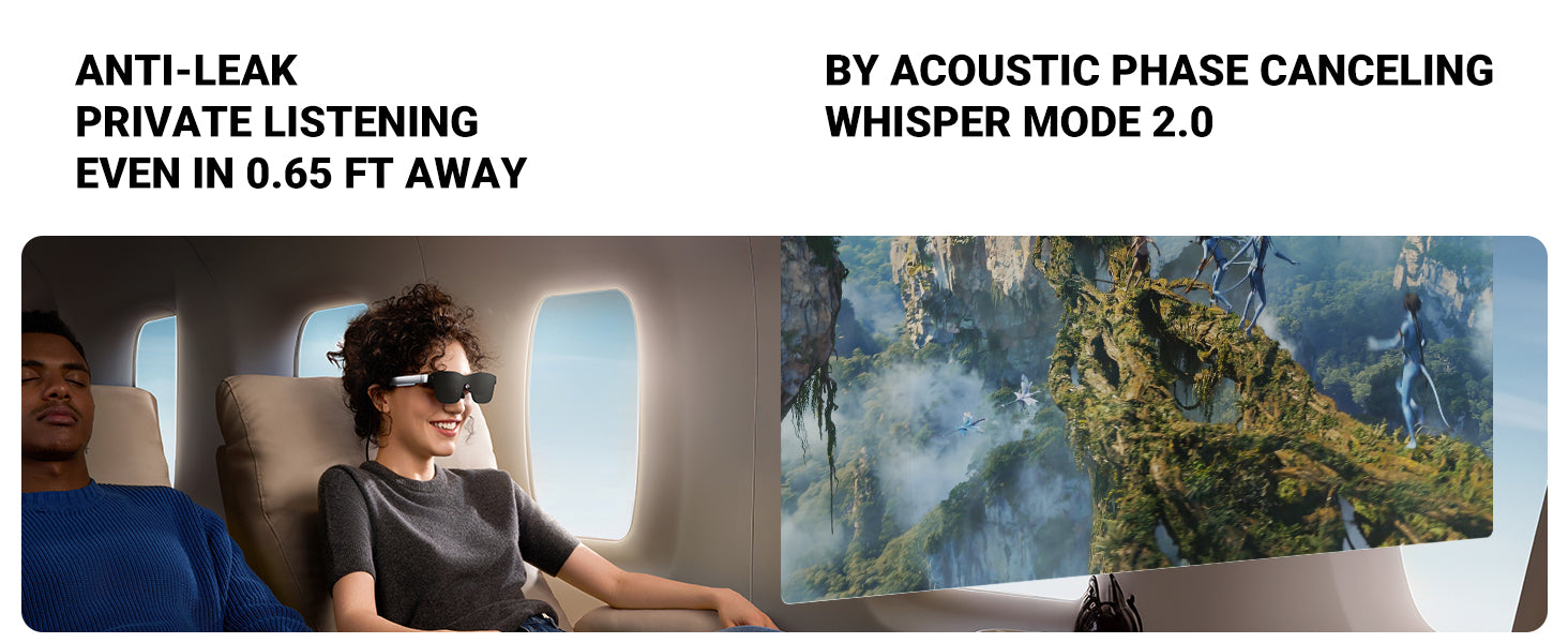 RayNeo Air 2s Whisper Mode 2.0 privacy audio, shown in an airplane cabin scenario. Whisper Mode 2.0 uses acoustic phase cancellation to keep audio private at close range; this is a movie-watching scenario, not a phone call, since the Air 2s has no microphone.