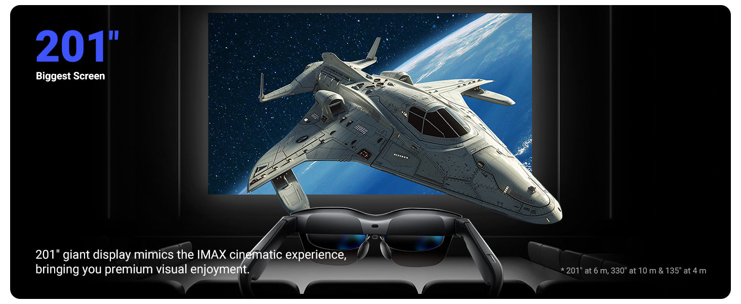 RayNeo Air 2s virtual display and speaker marketing render showing the "201-inch" screen claim. The Air-series glasses pair a large virtual display with their speaker systems, and the audio is designed to match what's on screen, whether that's a movie or a game.