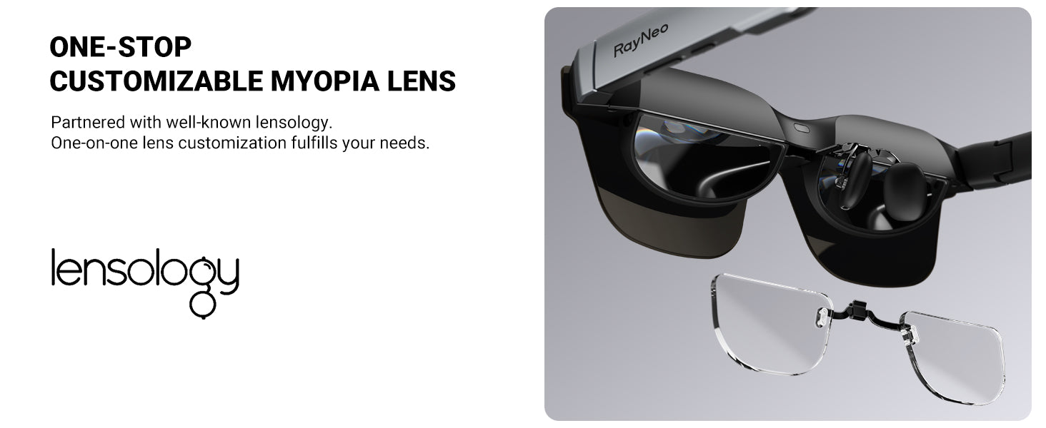 RayNeo clip-in prescription lens insert example. A Lensology clip-in myopia lens insert, the type of prescription solution referenced on RayNeo's product pages for its Air-series glasses.