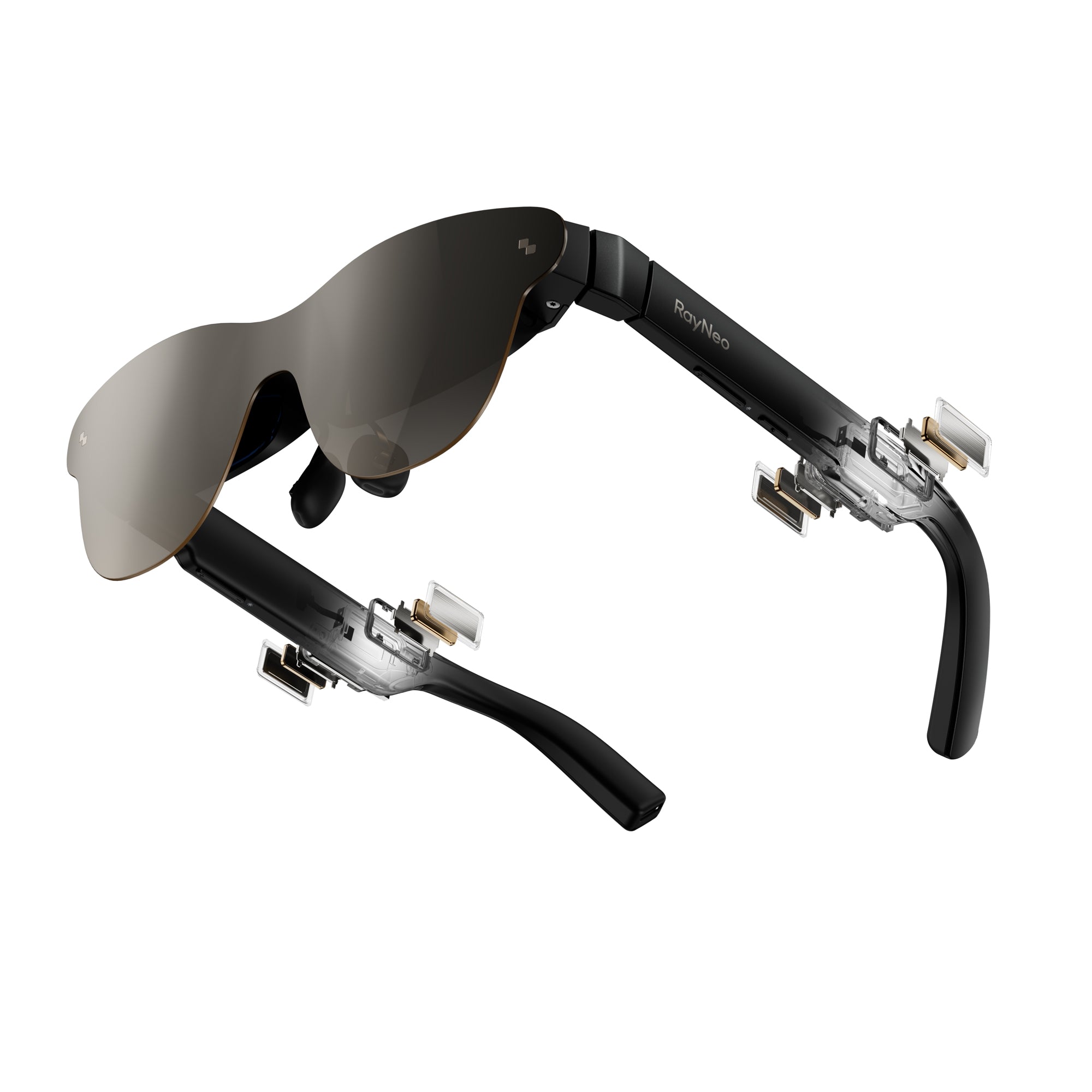 Exploded-view render of RayNeo AR glasses with an internal circuitry pattern reflected in the lens and the RayNeo logo on the temple arm.