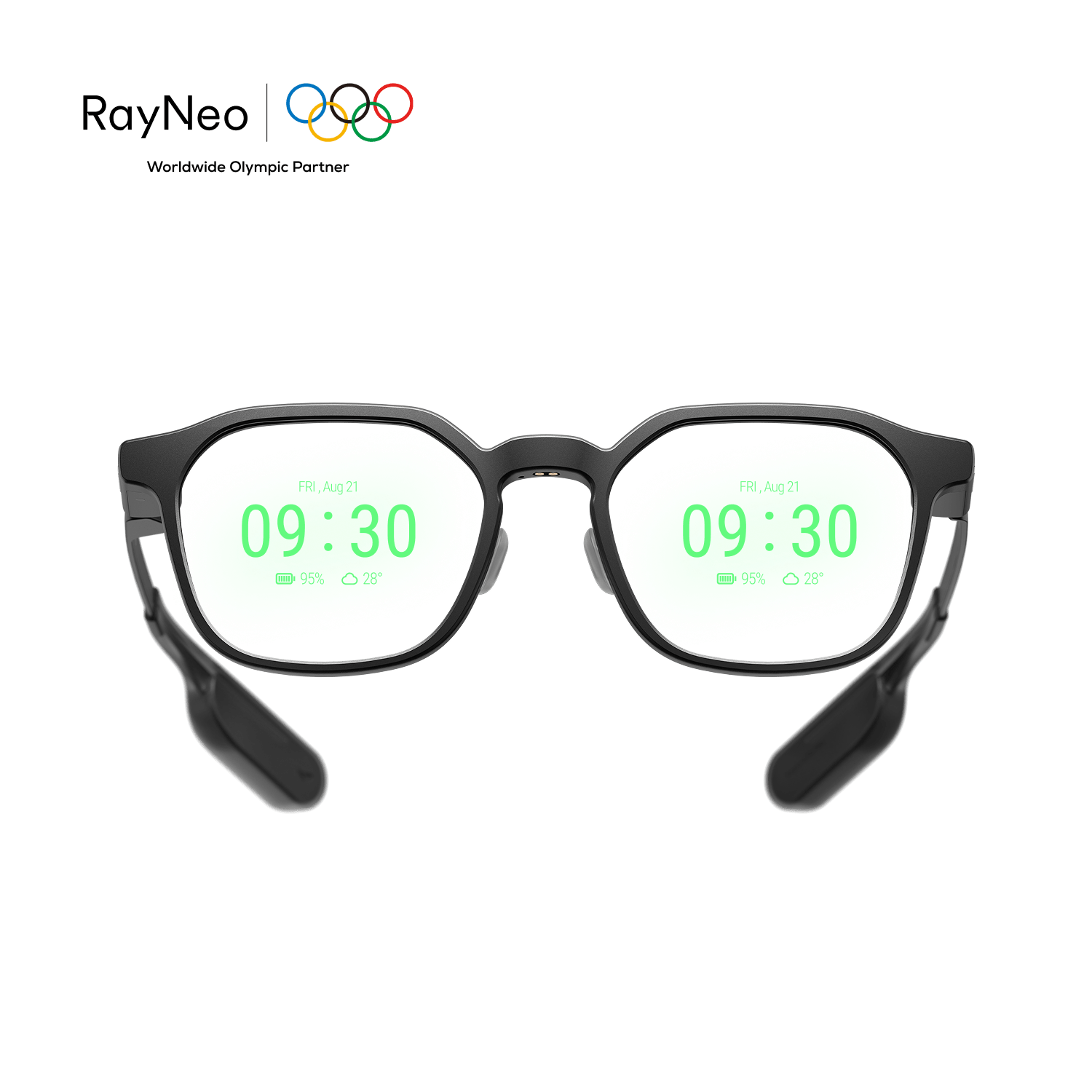 RayNeo iO AI glasses in the Polar Night colorway worn on a model’s face, showing the Crown Panto frame design