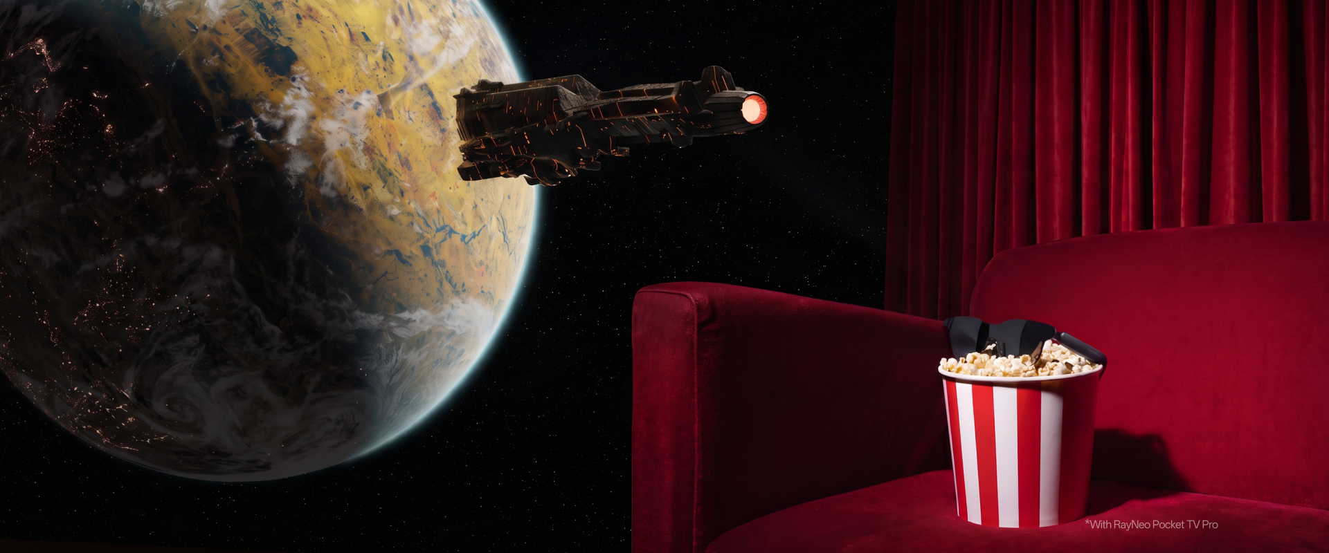 RayNeo GT Max AR glasses lifestyle scene with a red couch, popcorn, and an immersive space visual on the virtual screen