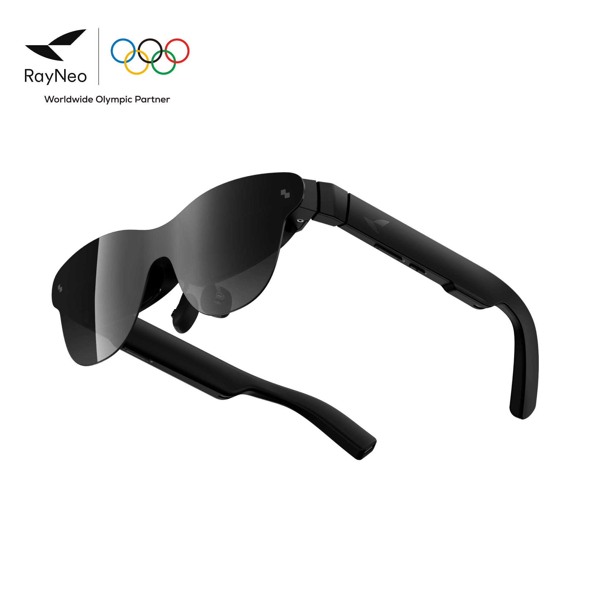 RayNeo Air 4 Pro product render, rear temple view. This model carries the brand's Bang & Olufsen audio partnership, currently the only model in the lineup with that co-tuning.