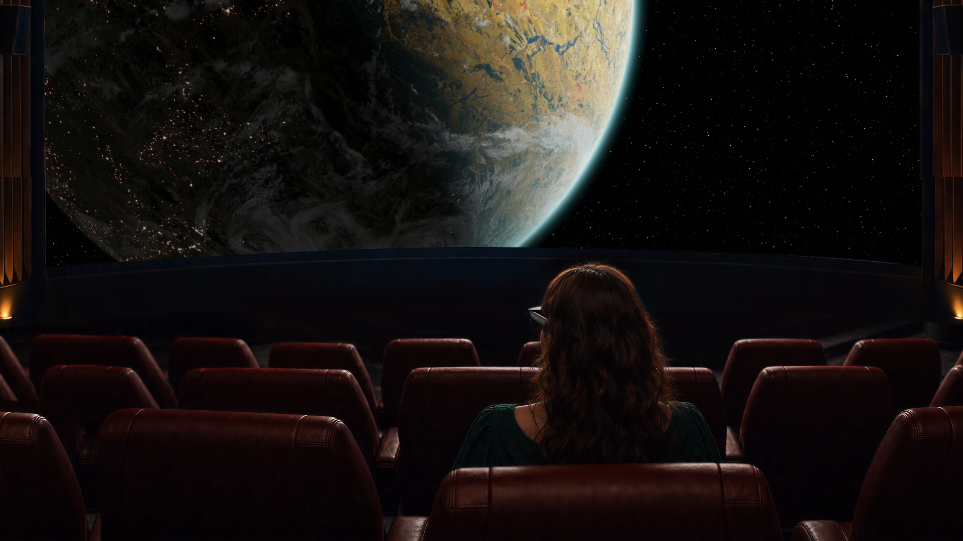 Passenger-style view through RayNeo GT Max AR glasses showing a large personal virtual movie screen in a dim theater-like setting
