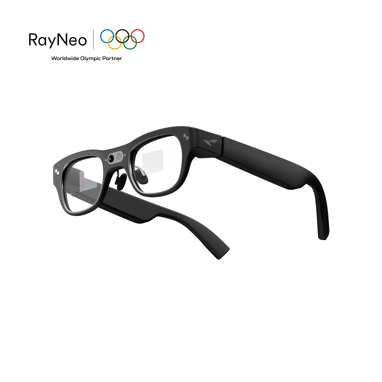 RayNeo X3 Pro AI display glasses shown at an angle against a white background, with the front camera lens and clear lenses visible.