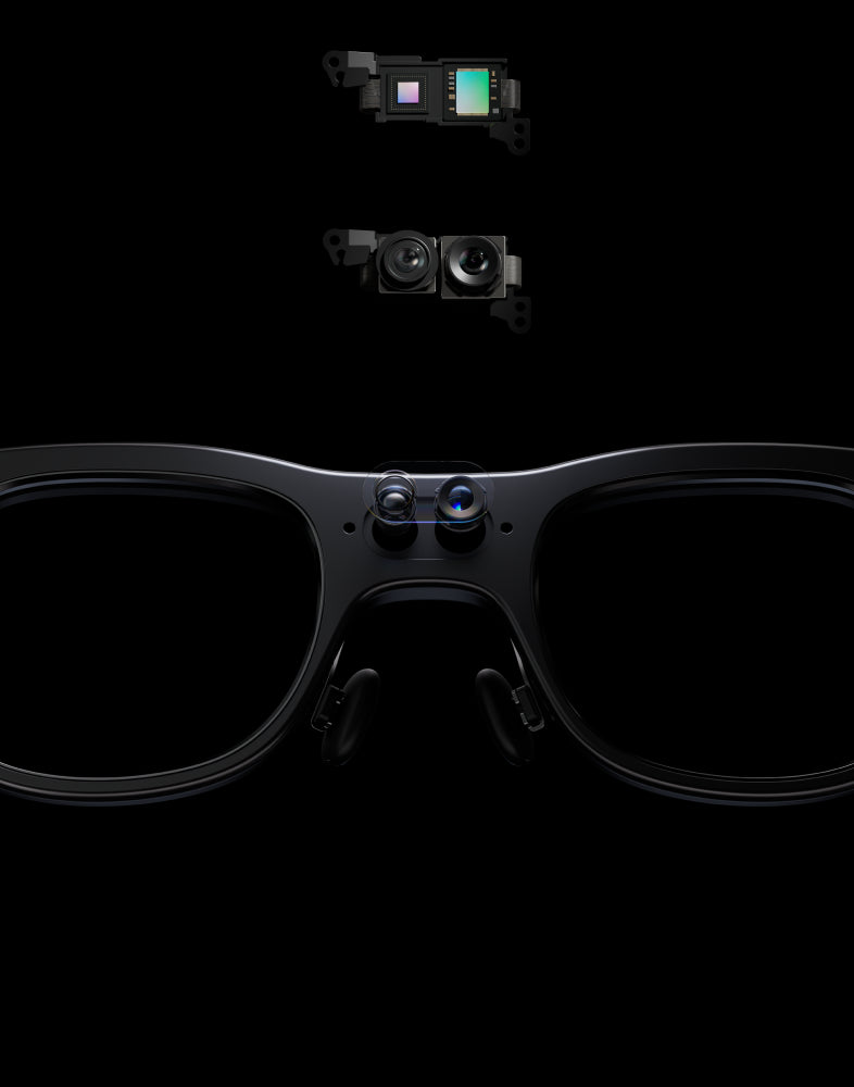 Exploded view of the RayNeo X3 Pro camera sensor and dual lens modules positioned above the glasses' front frame.