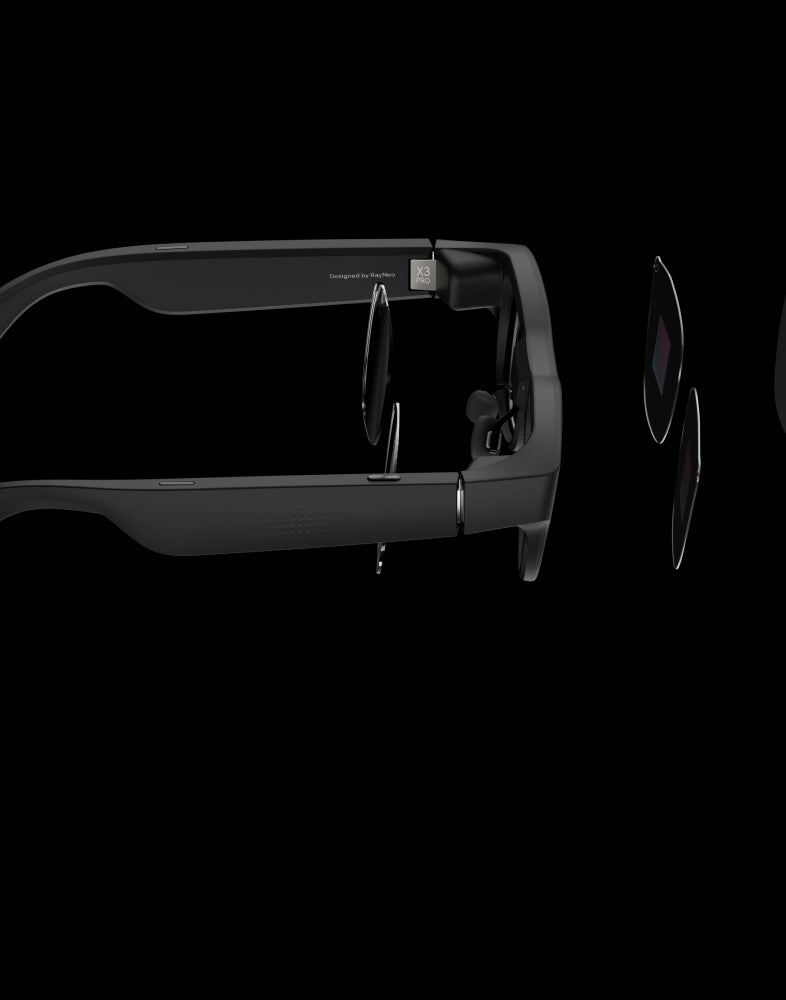 Exploded view of the RayNeo X3 Pro dual-camera sensor and lens assembly